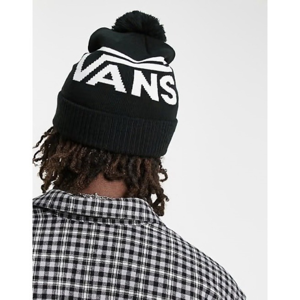 VANS Stripe POM BLACK BEANIE HAT CAP ONE SIZE Classic Black And White